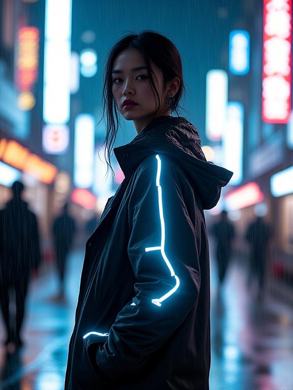 東京の夜景を背景に、反射材が光るコートを着たモデル